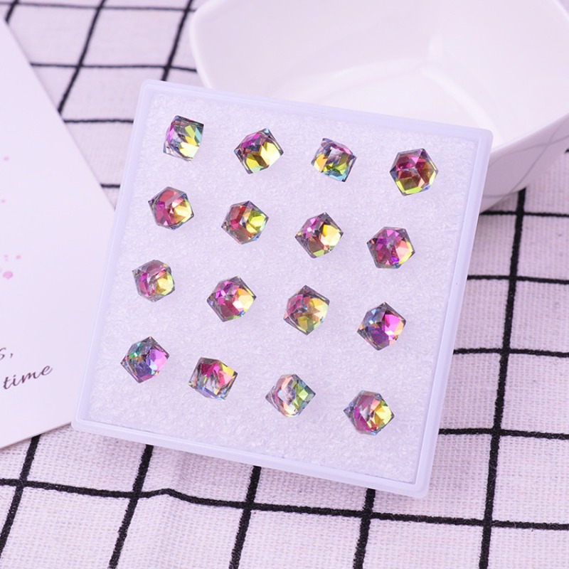 16pcs Crystal Stud Earrings Set, Plastic Post, Sensitive Ears